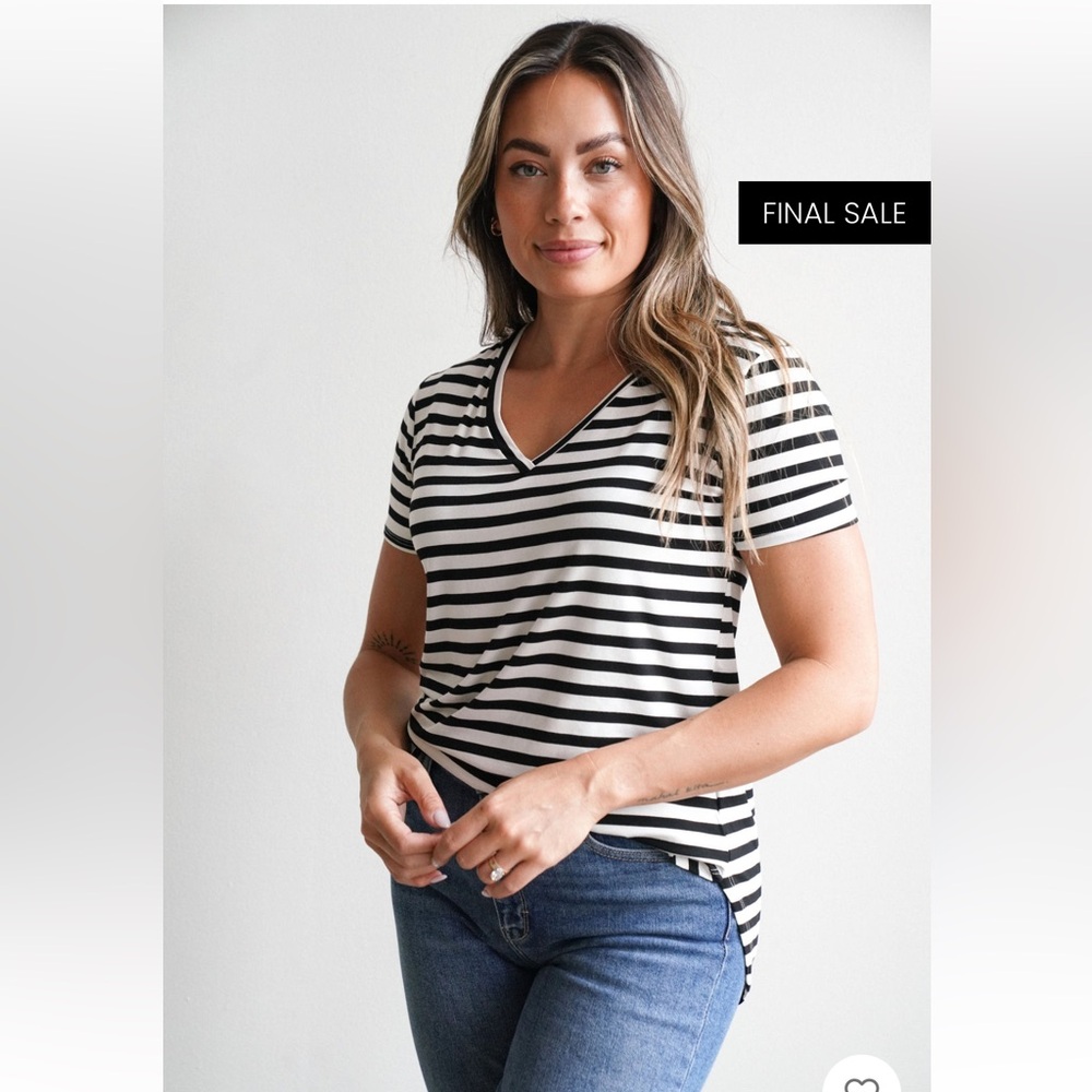 Carly Jean Los Angeles Black and White Striped V-Neck Tee